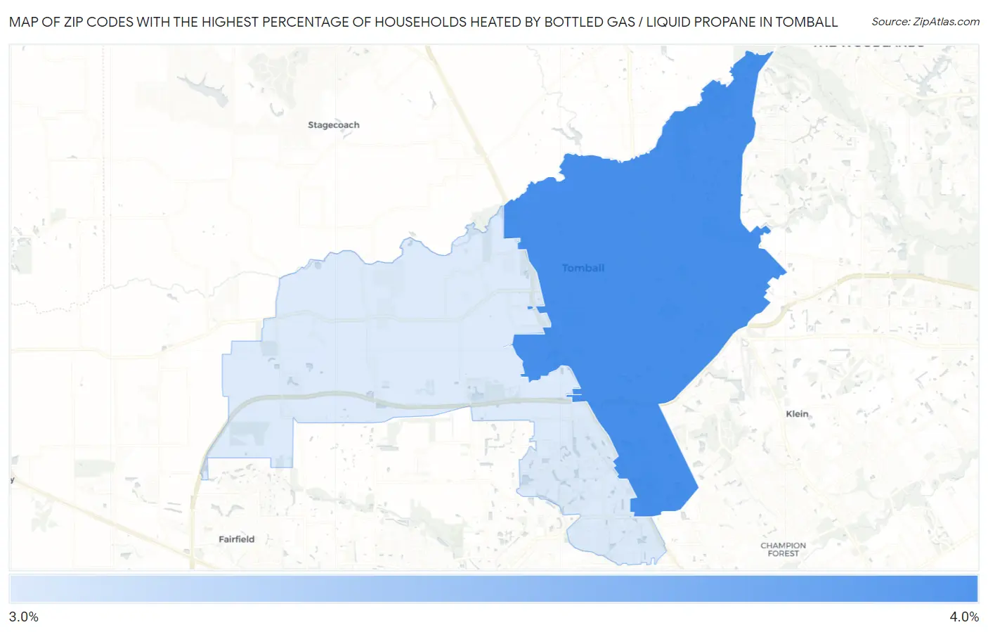 Zip Codes with the Highest Percentage of Households Heated by Bottled Gas / Liquid Propane in Tomball Map