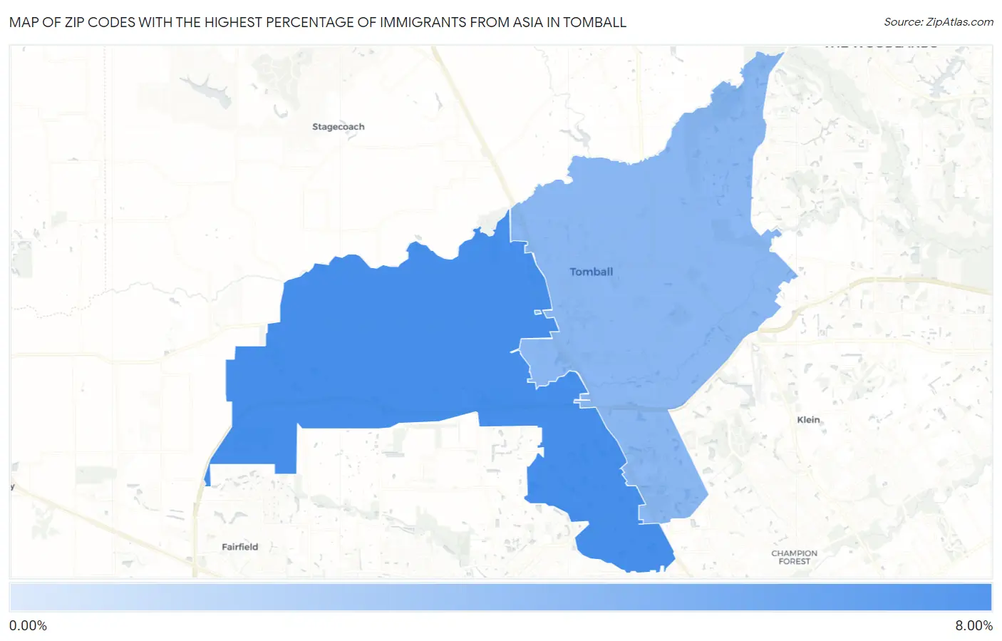 Zip Codes with the Highest Percentage of Immigrants from Asia in Tomball Map