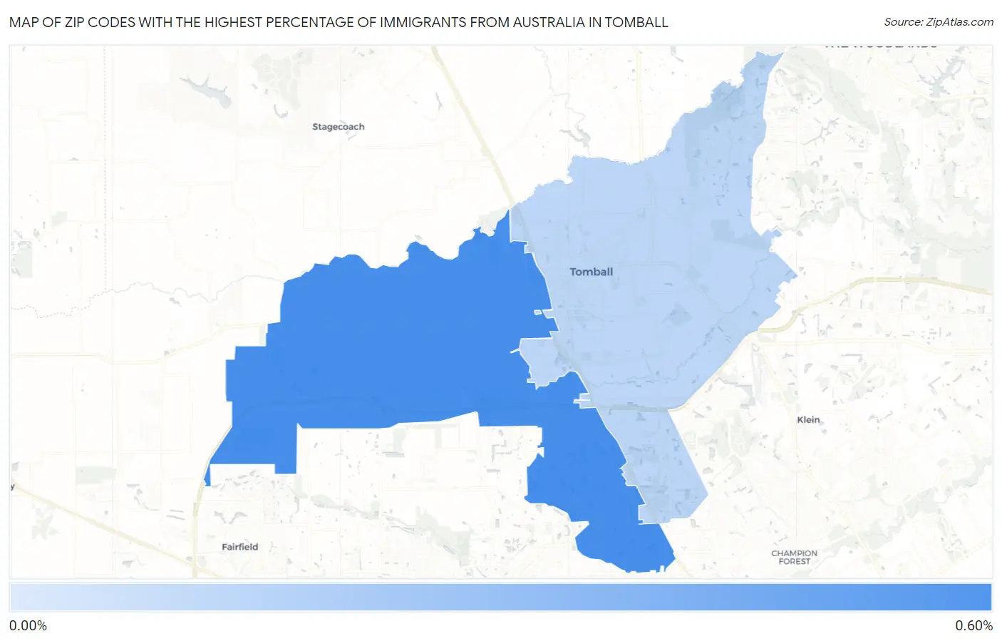 Zip Codes with the Highest Percentage of Immigrants from Australia in Tomball Map