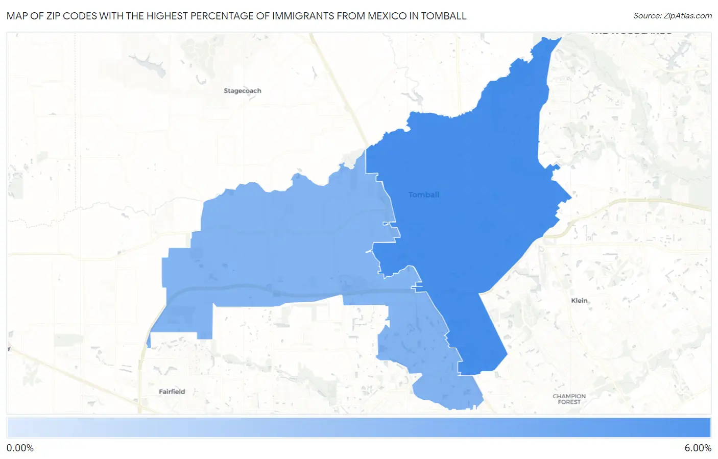 Zip Codes with the Highest Percentage of Immigrants from Mexico in Tomball Map