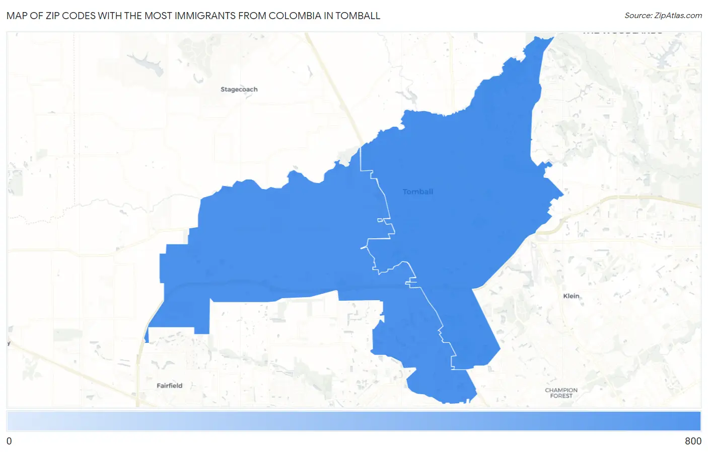 Zip Codes with the Most Immigrants from Colombia in Tomball Map