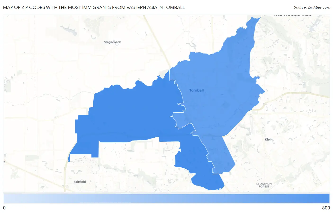 Zip Codes with the Most Immigrants from Eastern Asia in Tomball Map