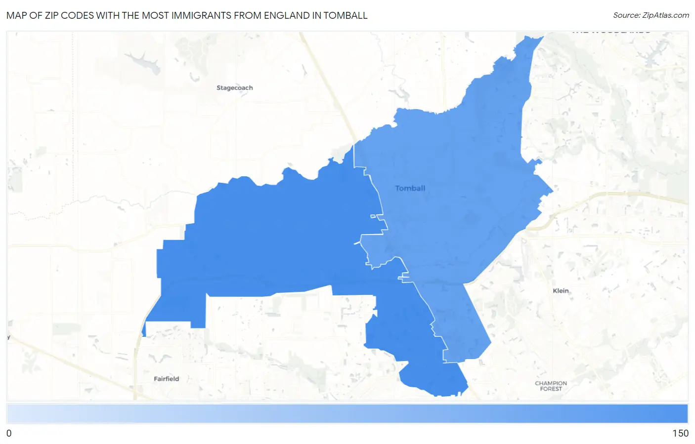 Zip Codes with the Most Immigrants from England in Tomball Map