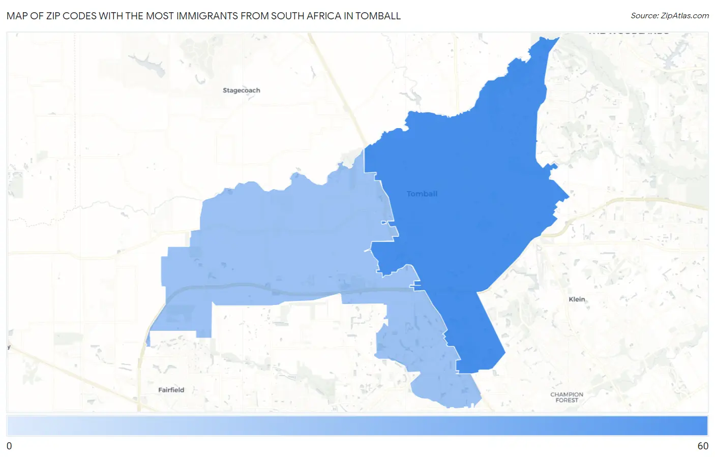 Zip Codes with the Most Immigrants from South Africa in Tomball Map