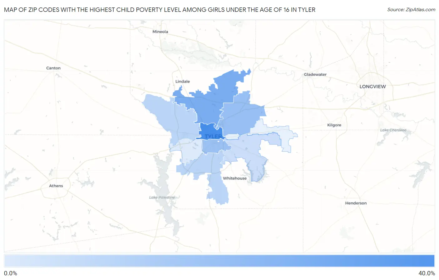 Zip Codes with the Highest Child Poverty Level Among Girls Under the Age of 16 in Tyler Map
