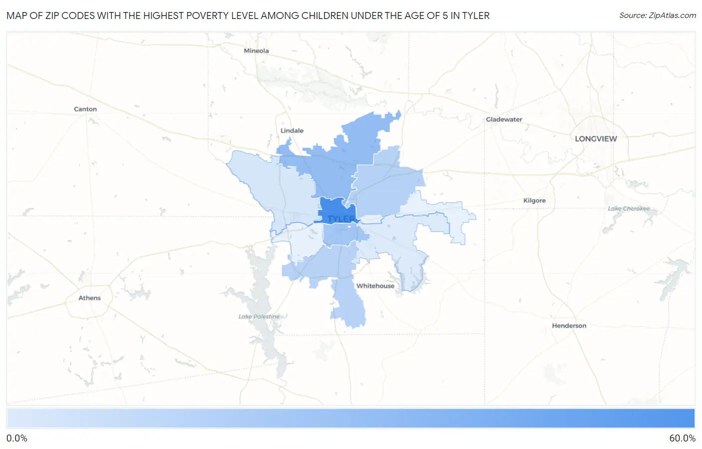 Zip Codes with the Highest Poverty Level Among Children Under the Age of 5 in Tyler Map