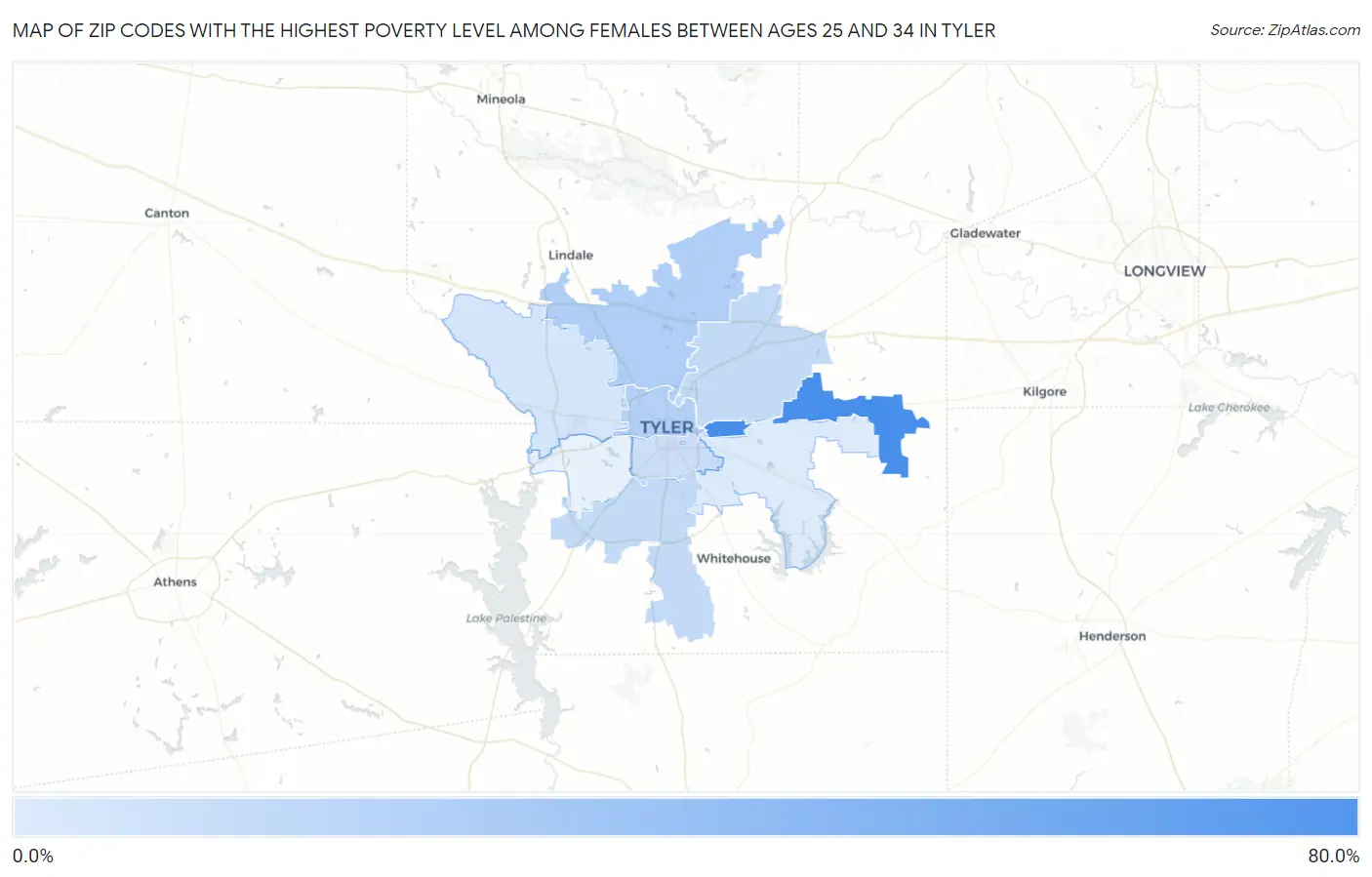 Zip Codes with the Highest Poverty Level Among Females Between Ages 25 and 34 in Tyler Map
