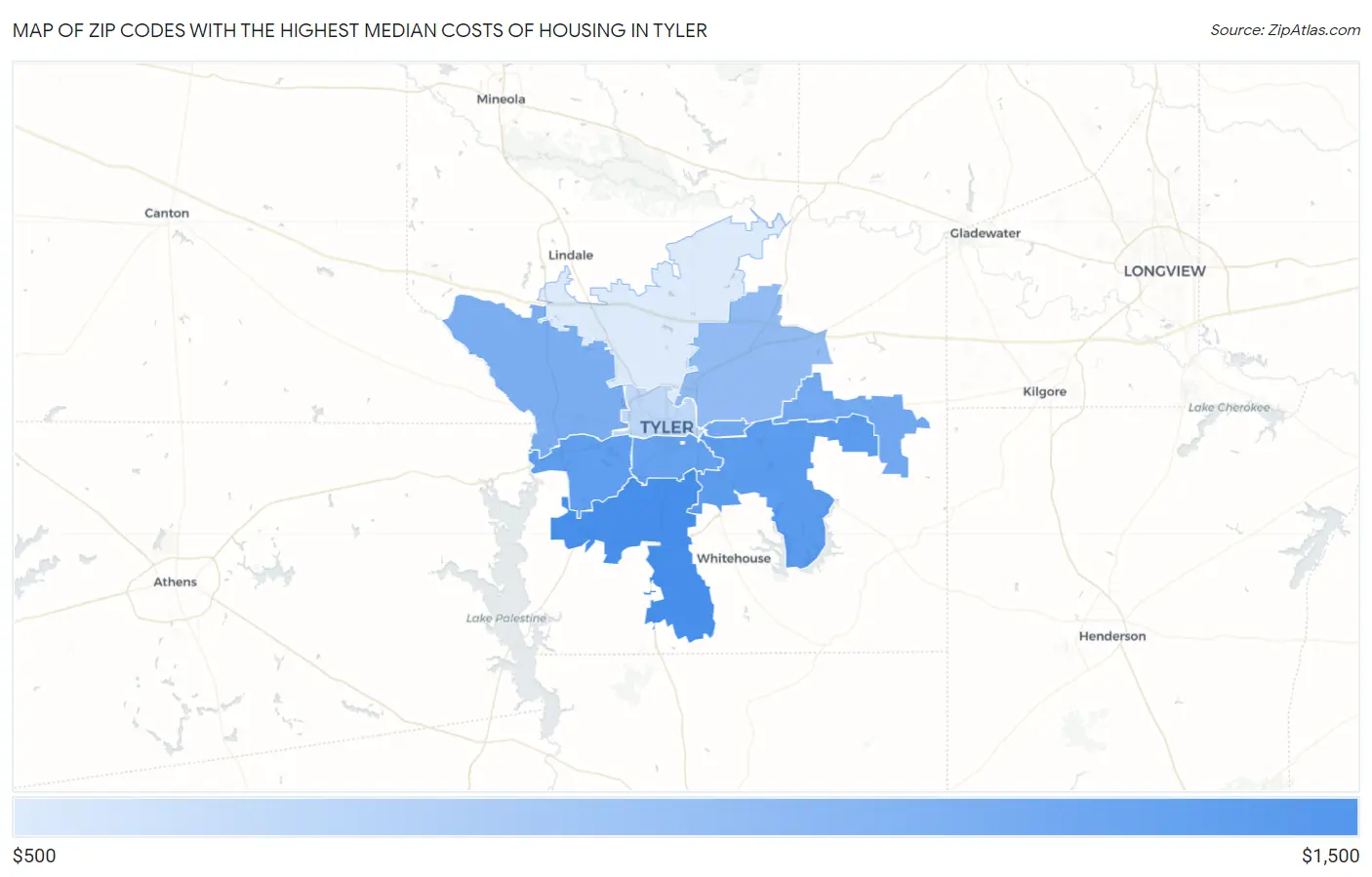 Zip Codes with the Highest Median Costs of Housing in Tyler Map