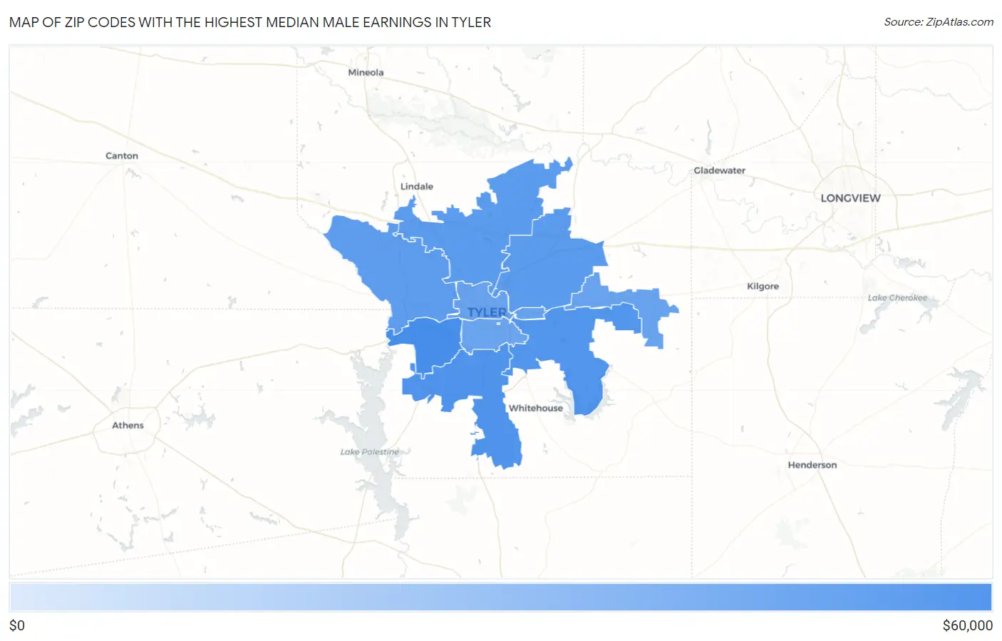 Zip Codes with the Highest Median Male Earnings in Tyler Map
