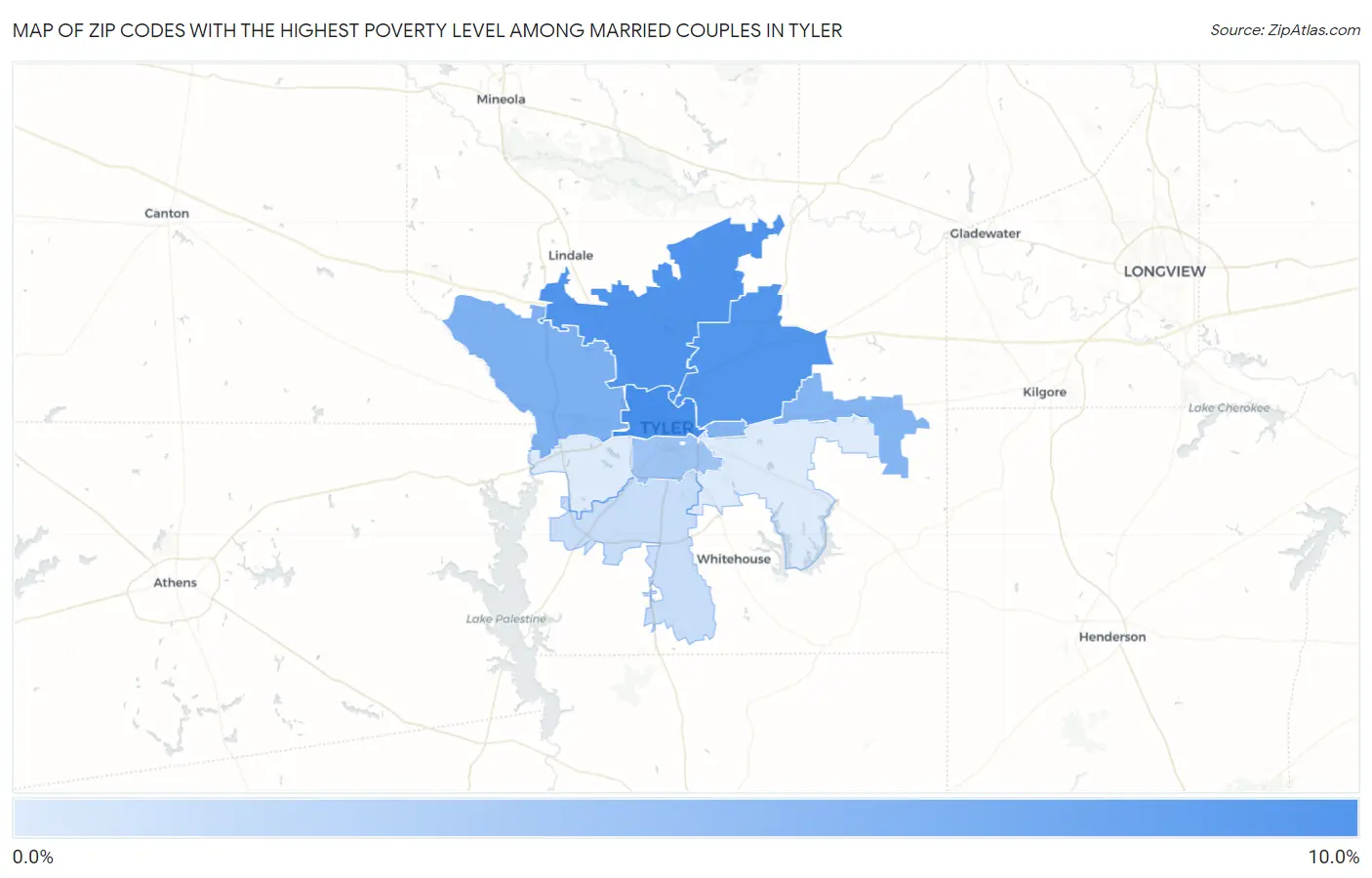 Zip Codes with the Highest Poverty Level Among Married Couples in Tyler Map