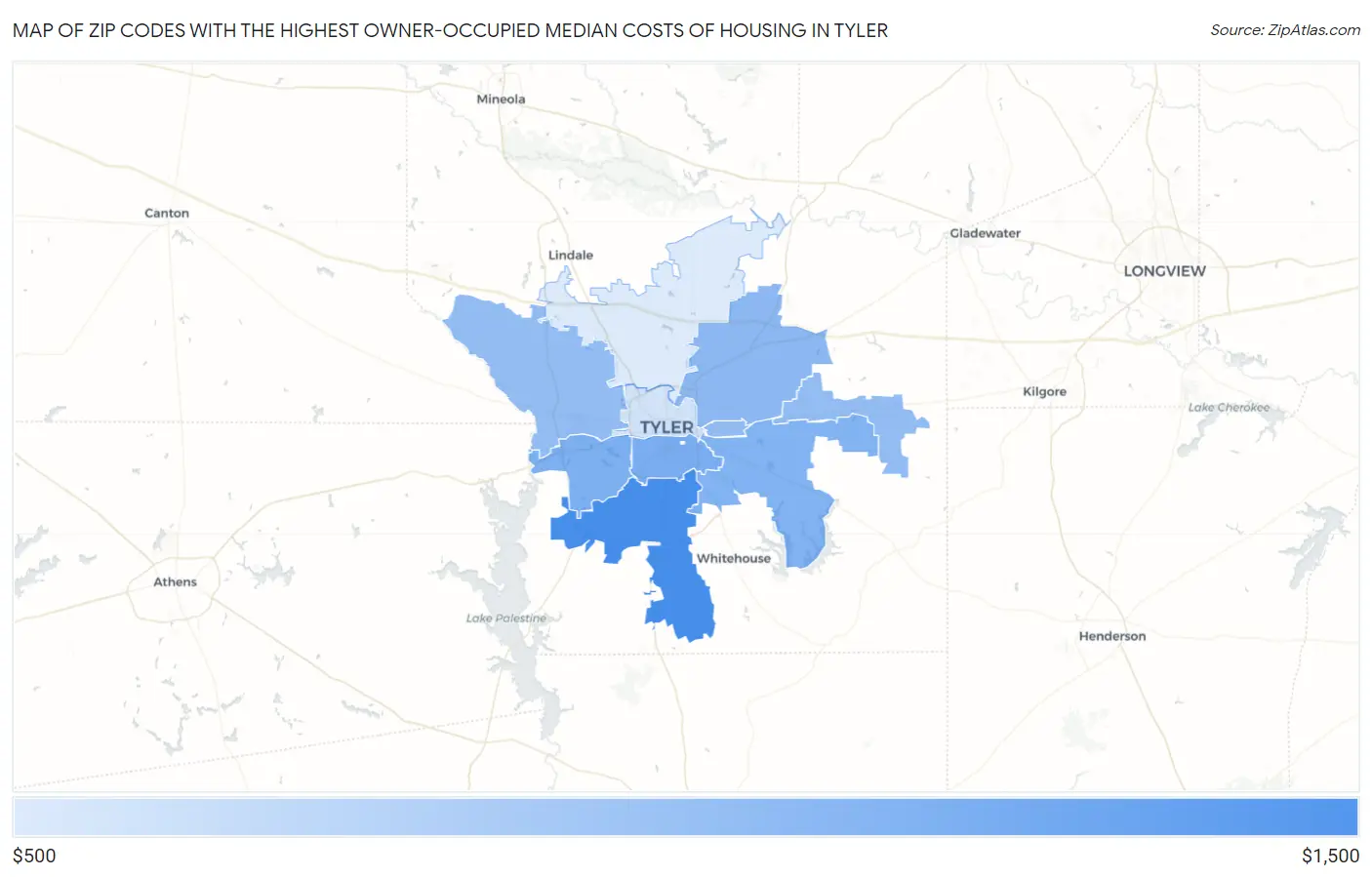 Zip Codes with the Highest Owner-Occupied Median Costs of Housing in Tyler Map