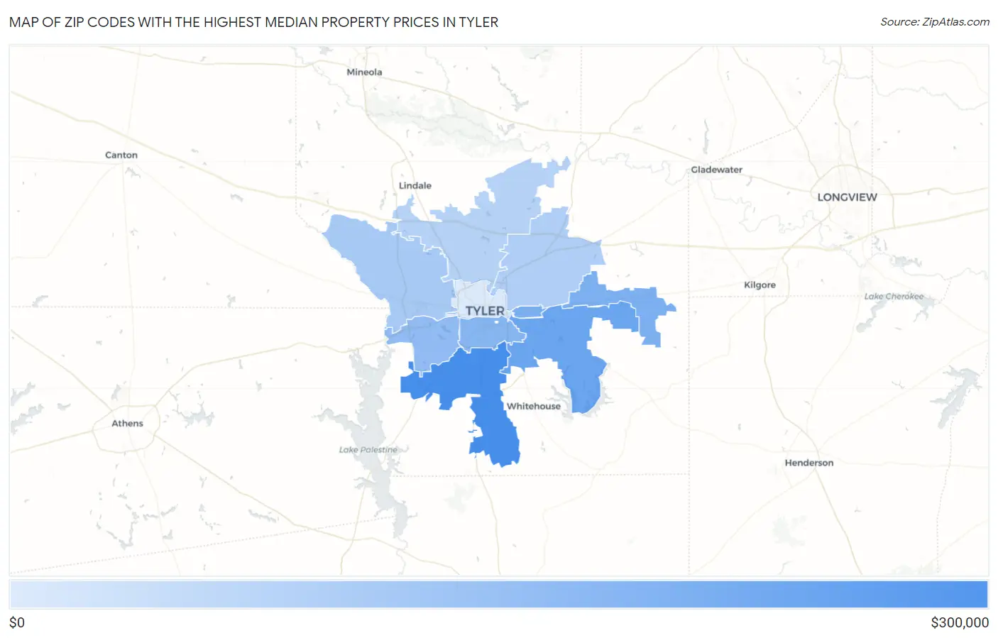 Zip Codes with the Highest Median Property Prices in Tyler Map