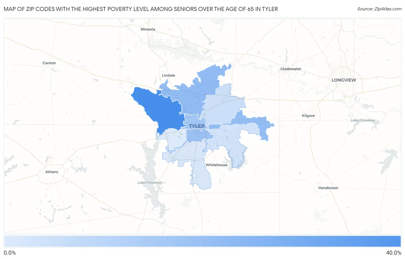 Zip Codes with the Highest Poverty Level Among Seniors Over the Age of 65 in Tyler Map