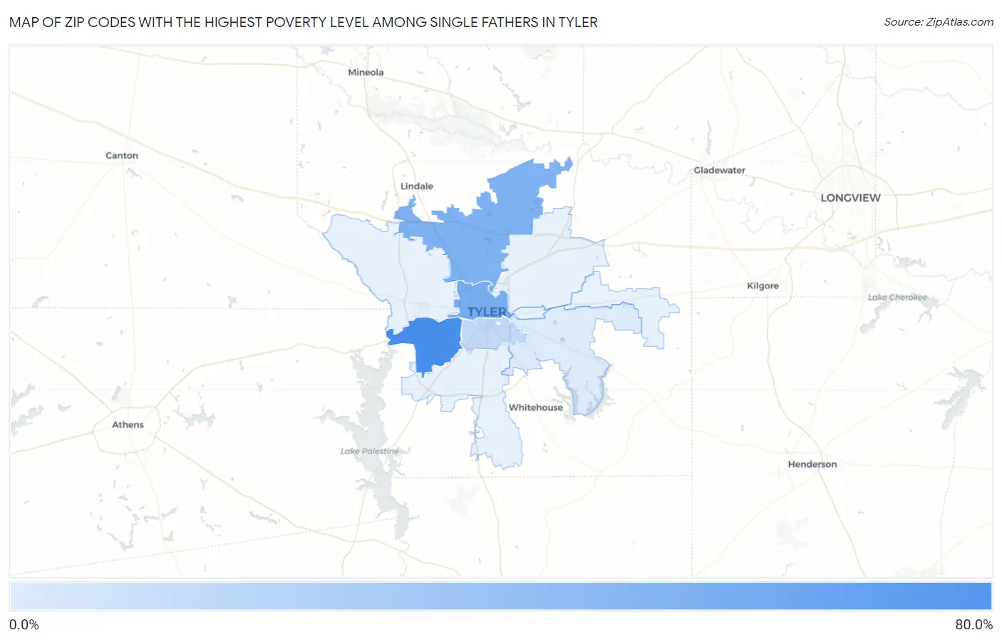 Zip Codes with the Highest Poverty Level Among Single Fathers in Tyler Map