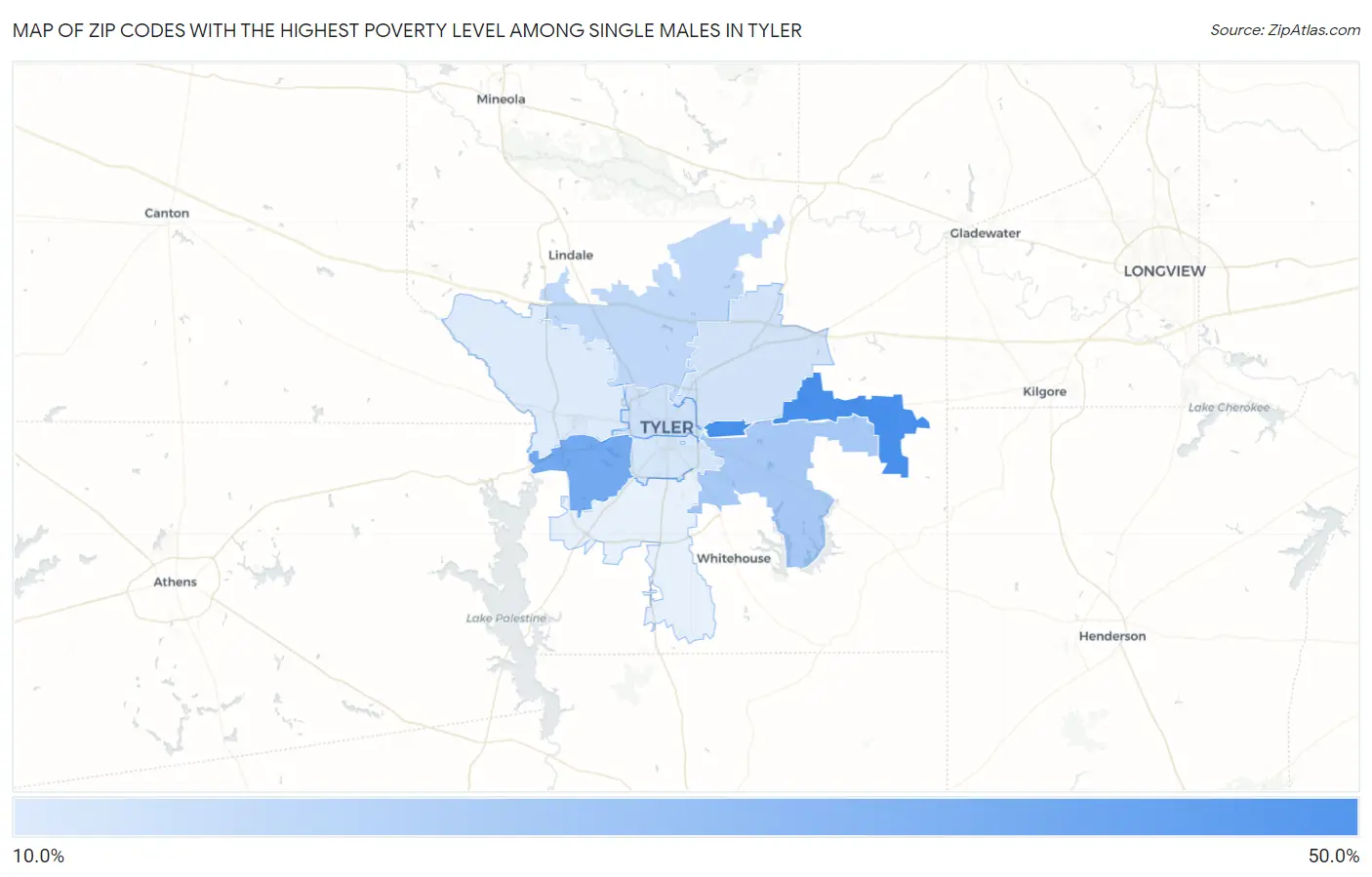 Zip Codes with the Highest Poverty Level Among Single Males in Tyler Map