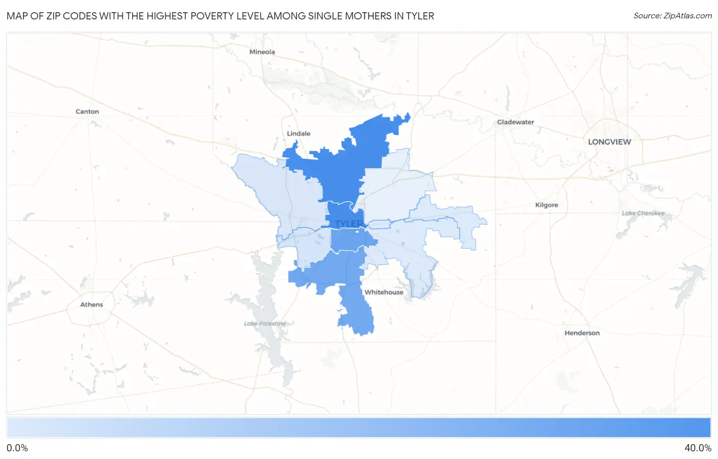 Zip Codes with the Highest Poverty Level Among Single Mothers in Tyler Map