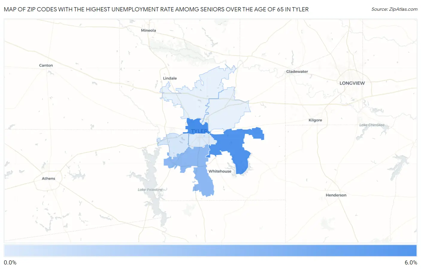 Zip Codes with the Highest Unemployment Rate Amomg Seniors Over the Age of 65 in Tyler Map