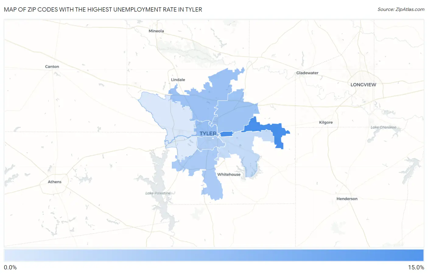 Zip Codes with the Highest Unemployment Rate in Tyler Map