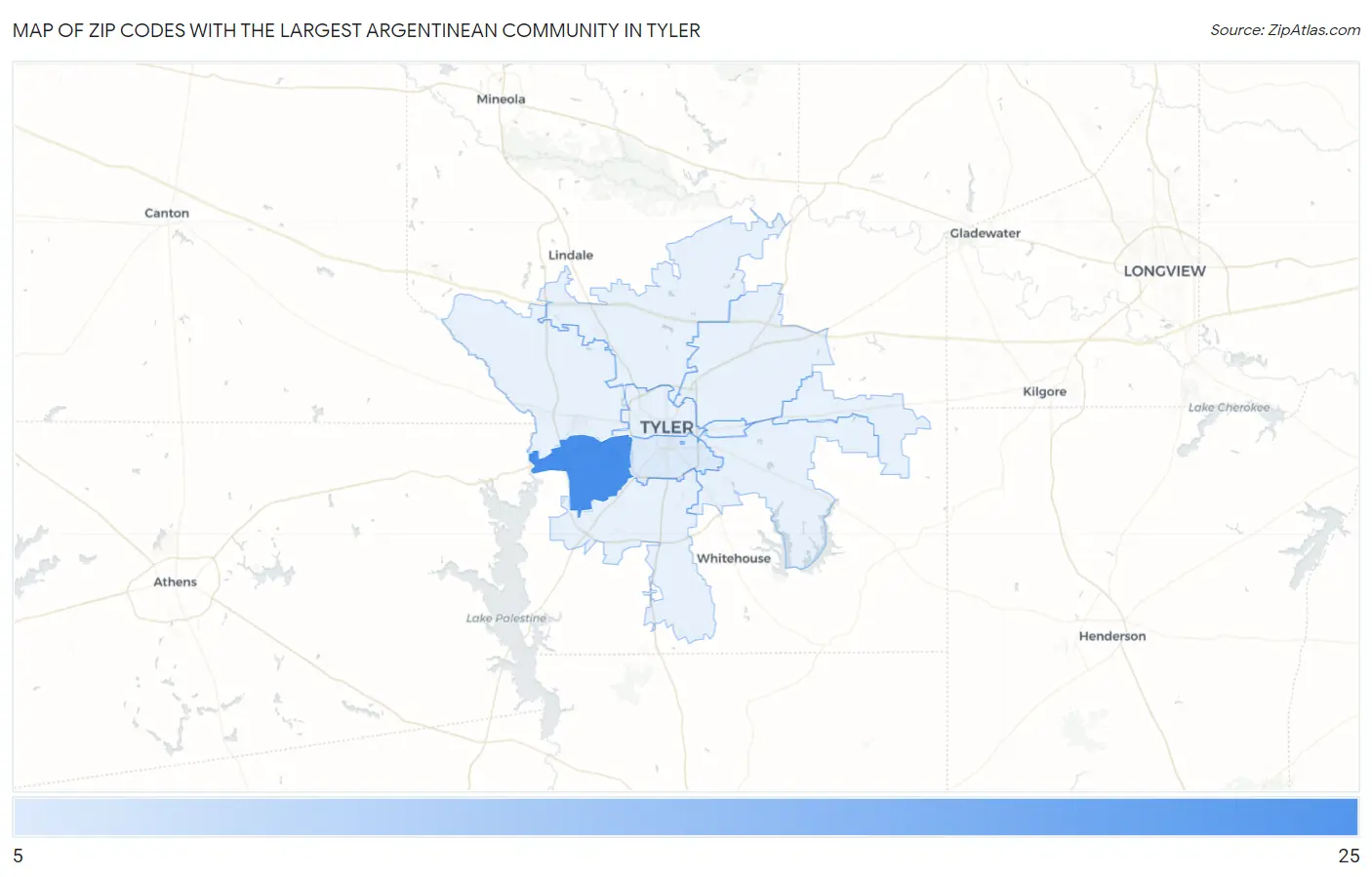 Zip Codes with the Largest Argentinean Community in Tyler Map