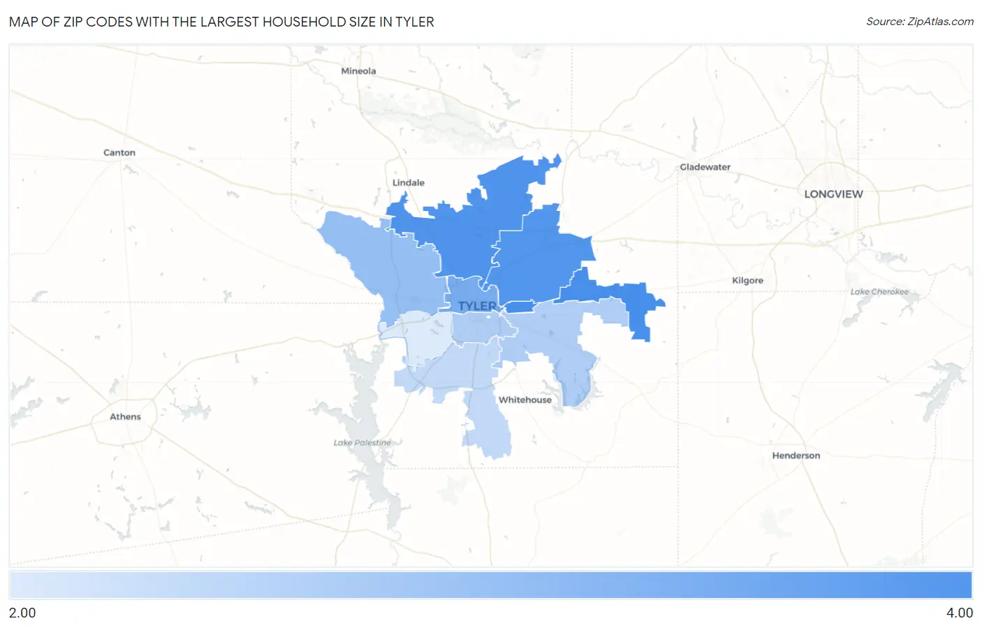 Zip Codes with the Largest Household Size in Tyler Map