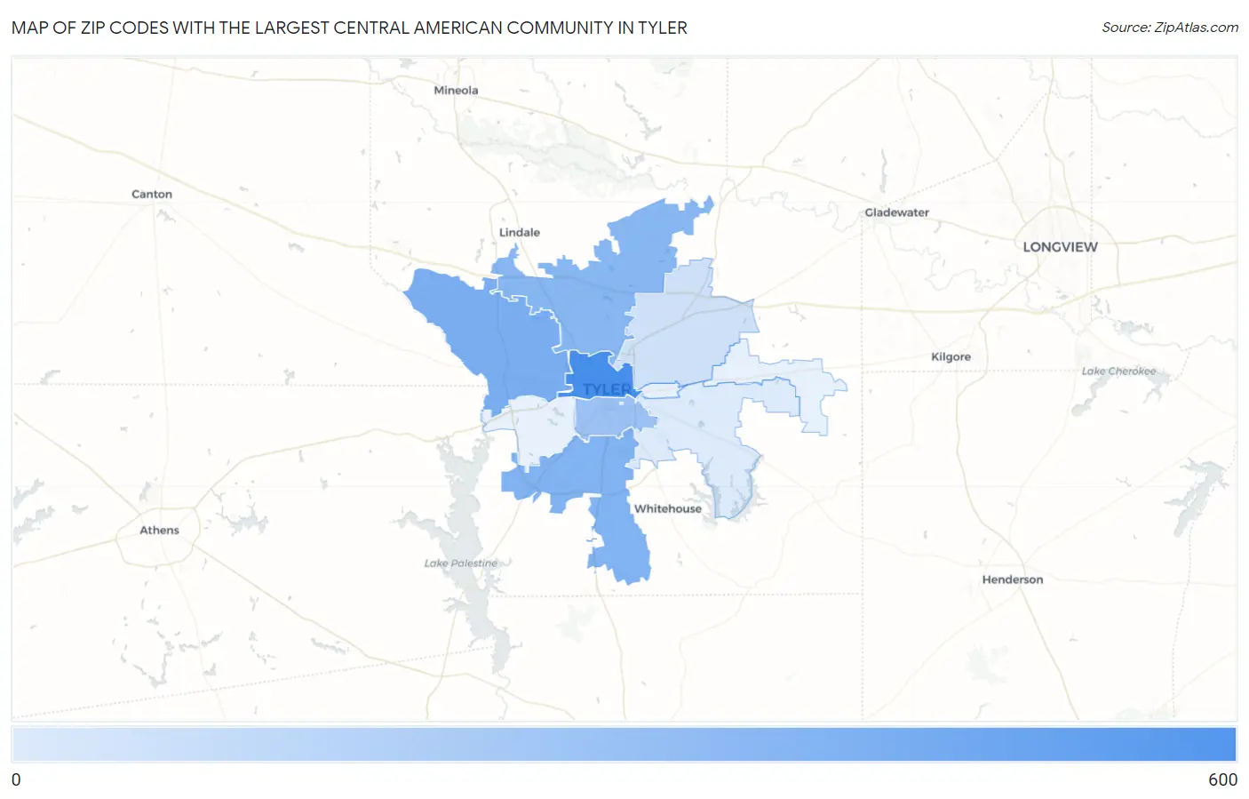 Zip Codes with the Largest Central American Community in Tyler Map