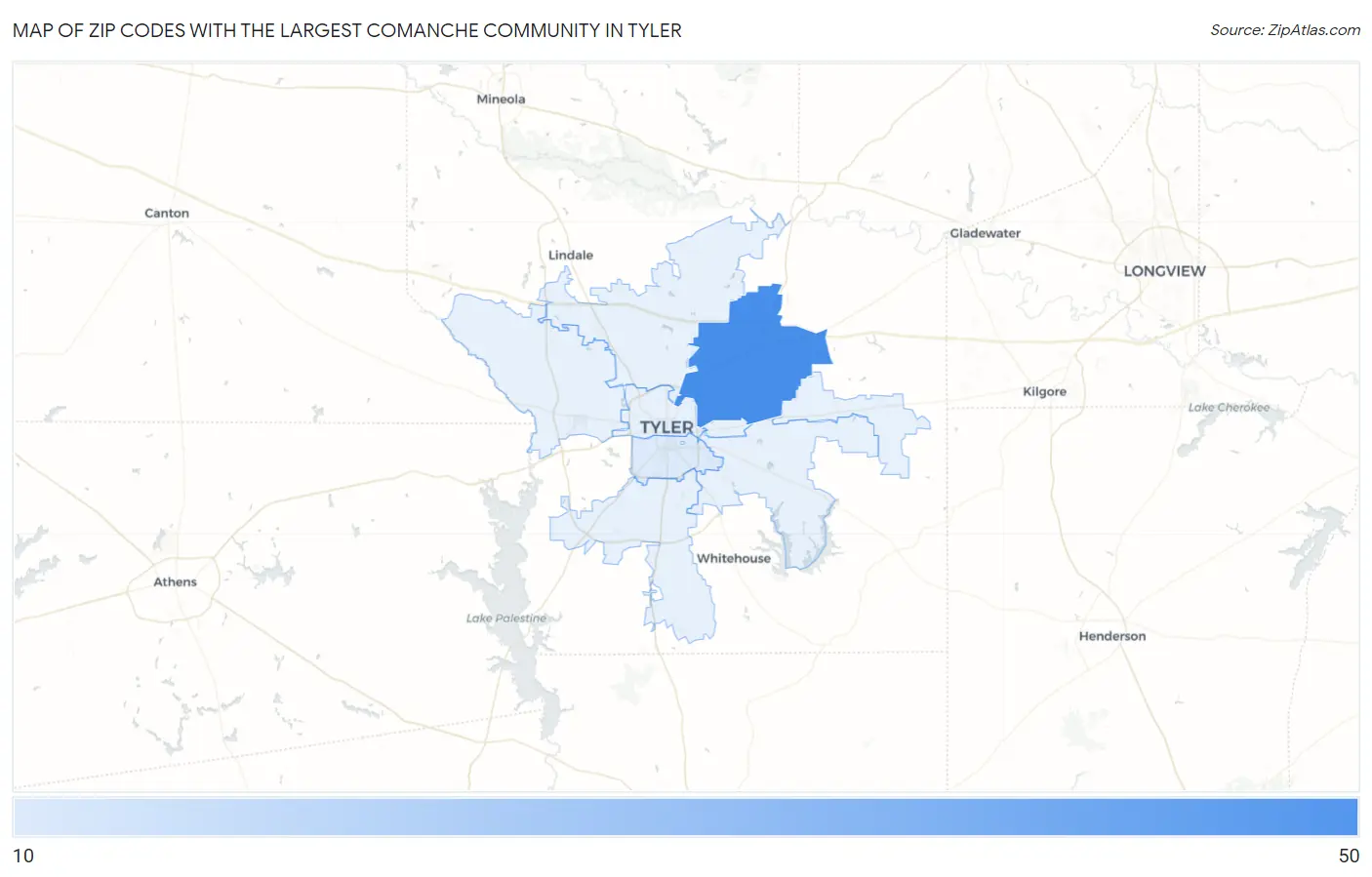 Zip Codes with the Largest Comanche Community in Tyler Map