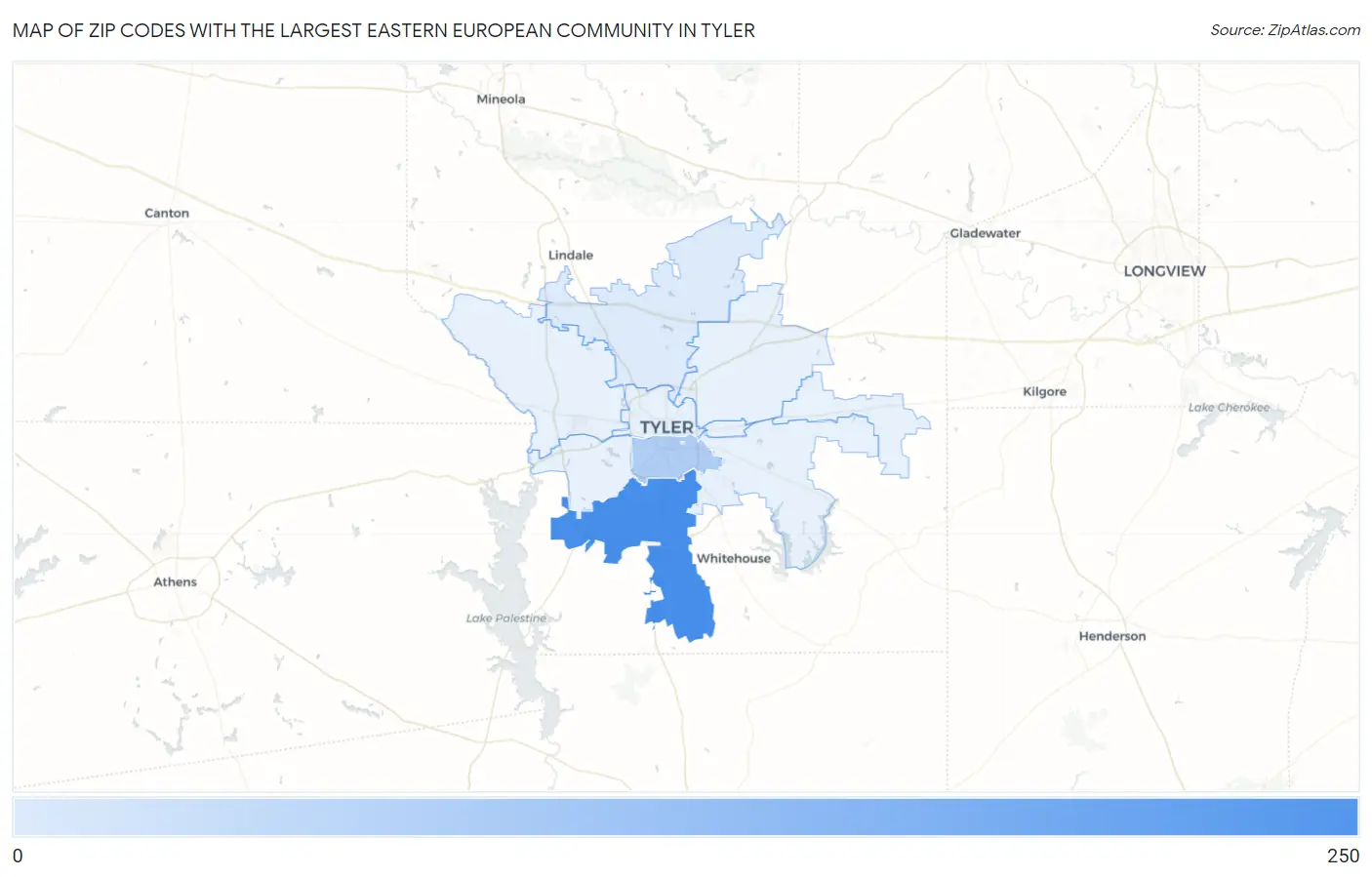 Zip Codes with the Largest Eastern European Community in Tyler Map
