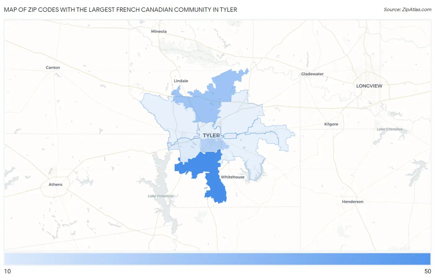 Zip Codes with the Largest French Canadian Community in Tyler Map