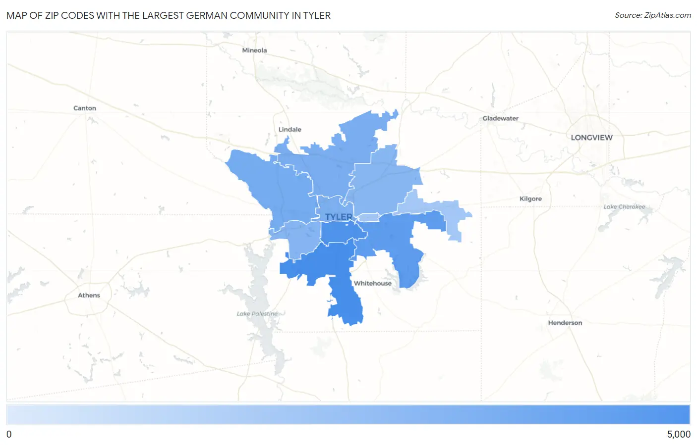 Zip Codes with the Largest German Community in Tyler Map