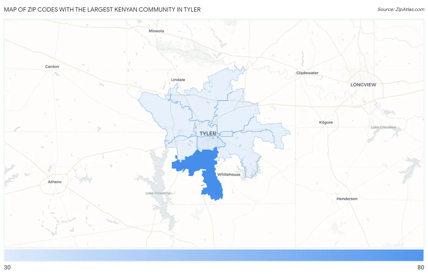 Zip Codes with the Largest Kenyan Community in Tyler Map
