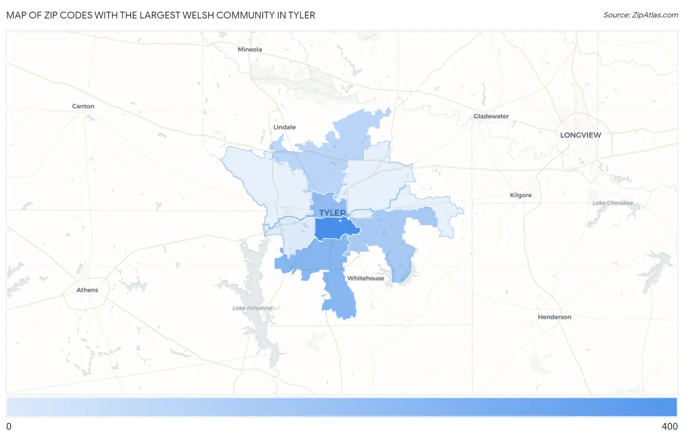 Zip Codes with the Largest Welsh Community in Tyler Map