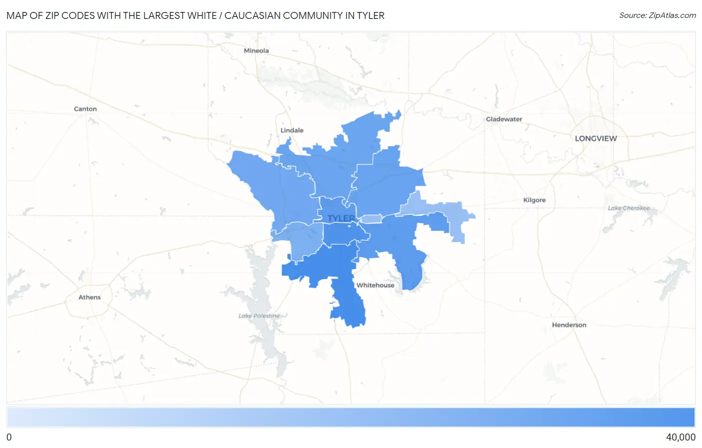 Zip Codes with the Largest White / Caucasian Community in Tyler Map