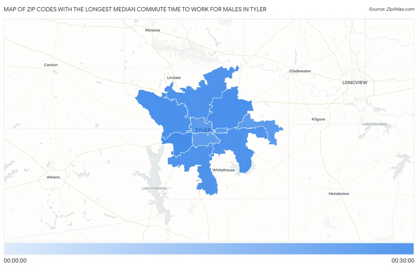 Zip Codes with the Longest Median Commute Time to Work for Males in Tyler Map