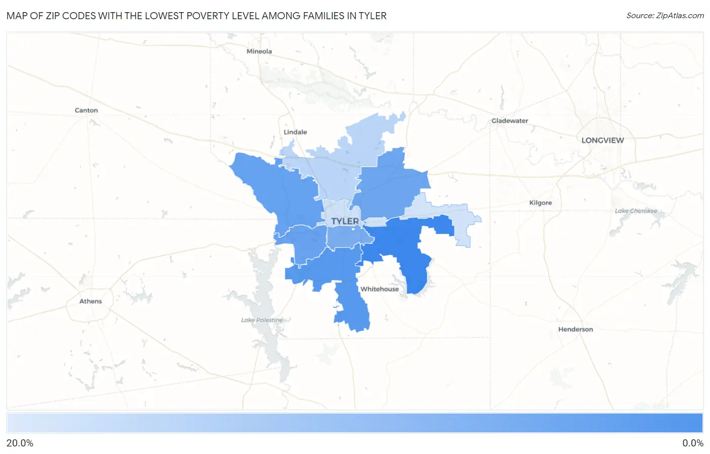 Zip Codes with the Lowest Poverty Level Among Families in Tyler Map
