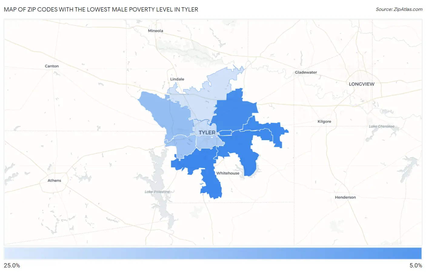 Zip Codes with the Lowest Male Poverty Level in Tyler Map