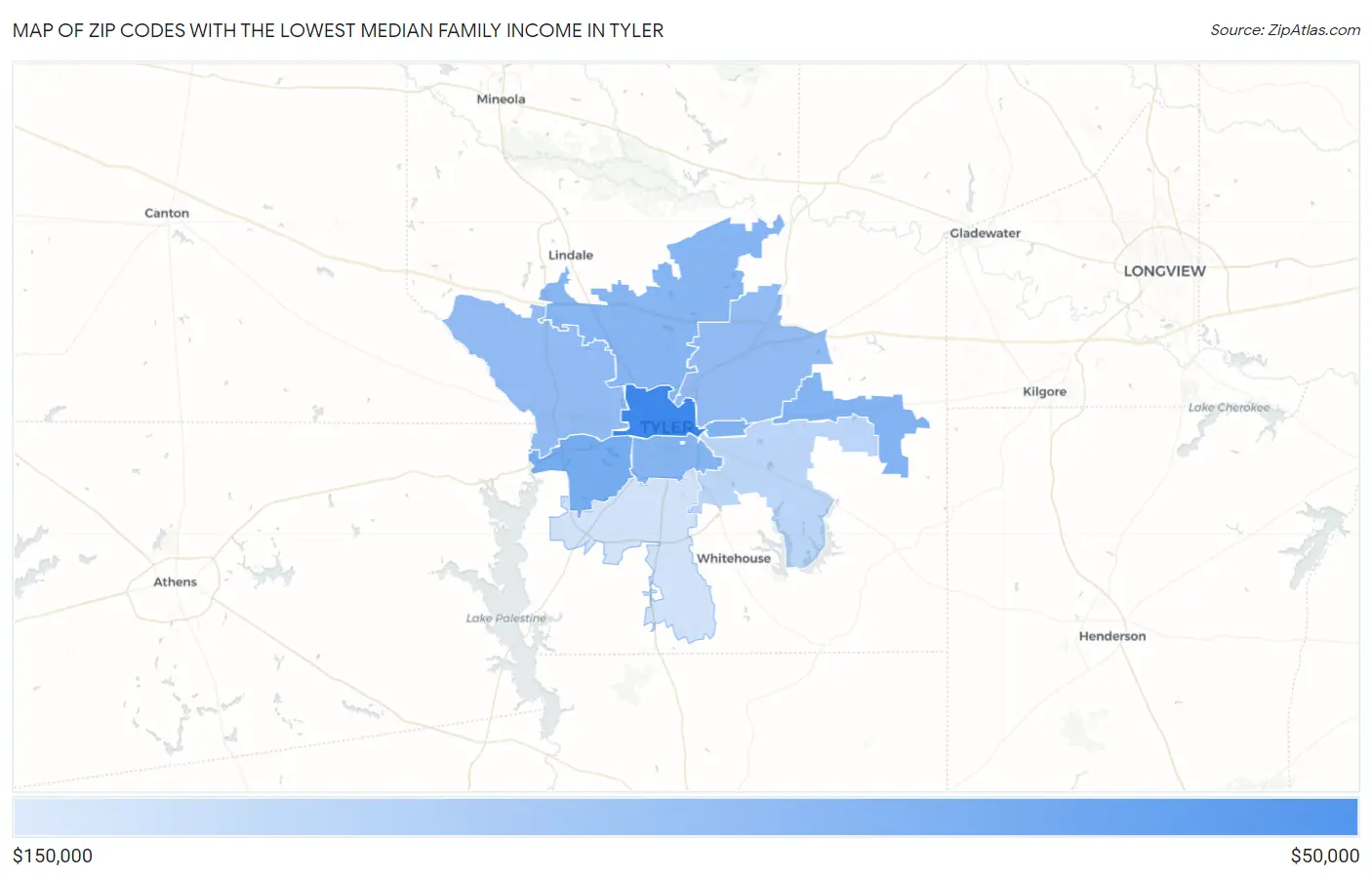 Zip Codes with the Lowest Median Family Income in Tyler Map