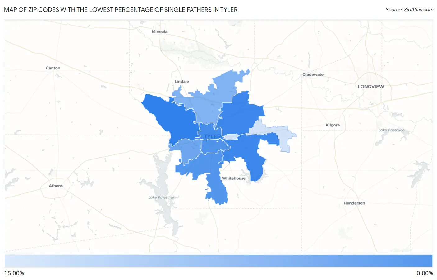 Zip Codes with the Lowest Percentage of Single Fathers in Tyler Map