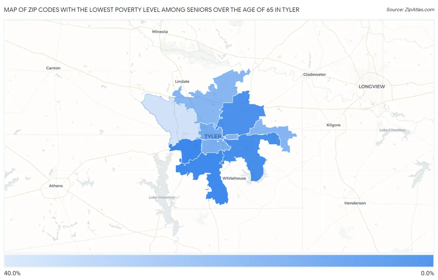 Zip Codes with the Lowest Poverty Level Among Seniors Over the Age of 65 in Tyler Map