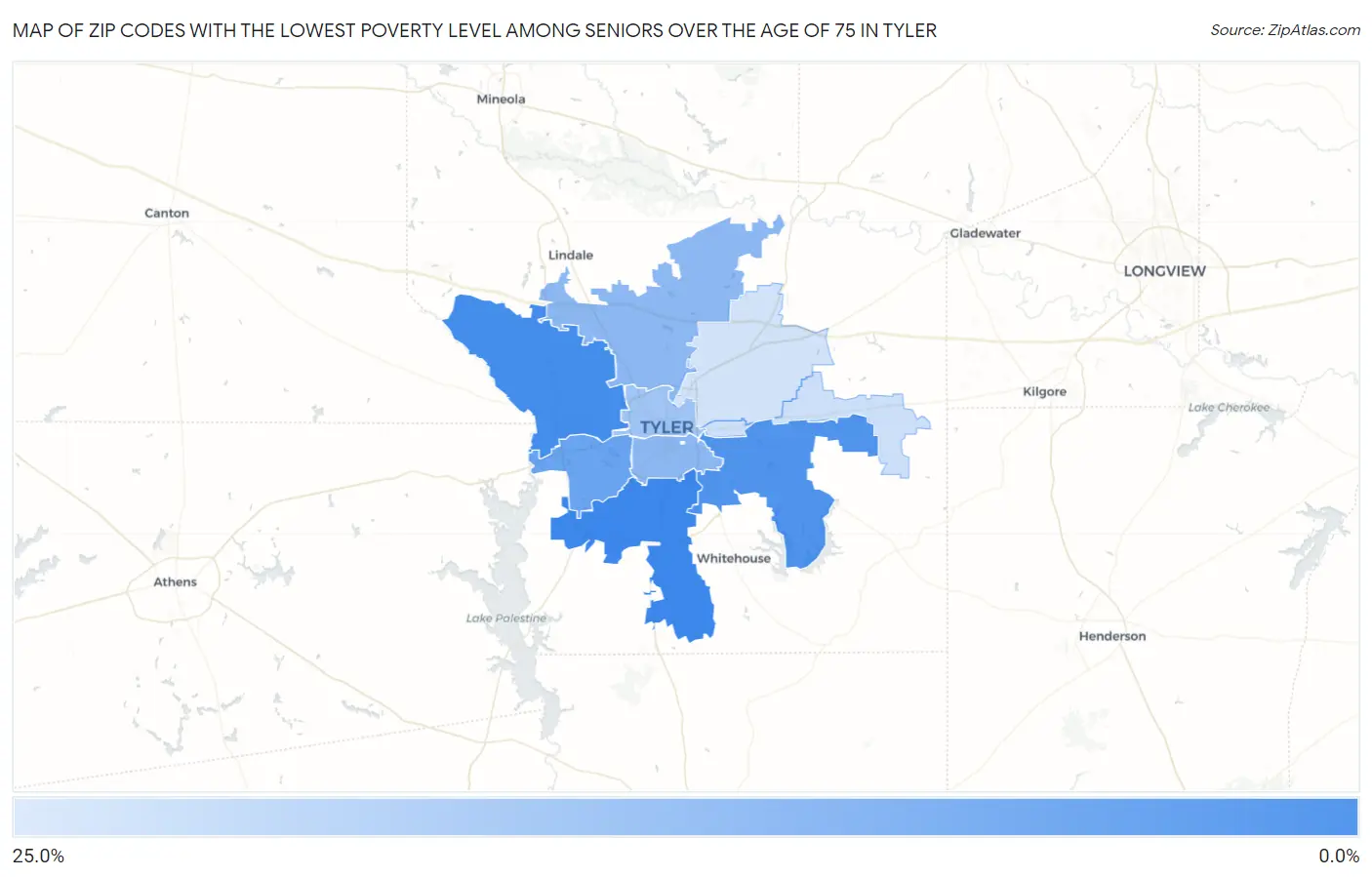 Zip Codes with the Lowest Poverty Level Among Seniors Over the Age of 75 in Tyler Map