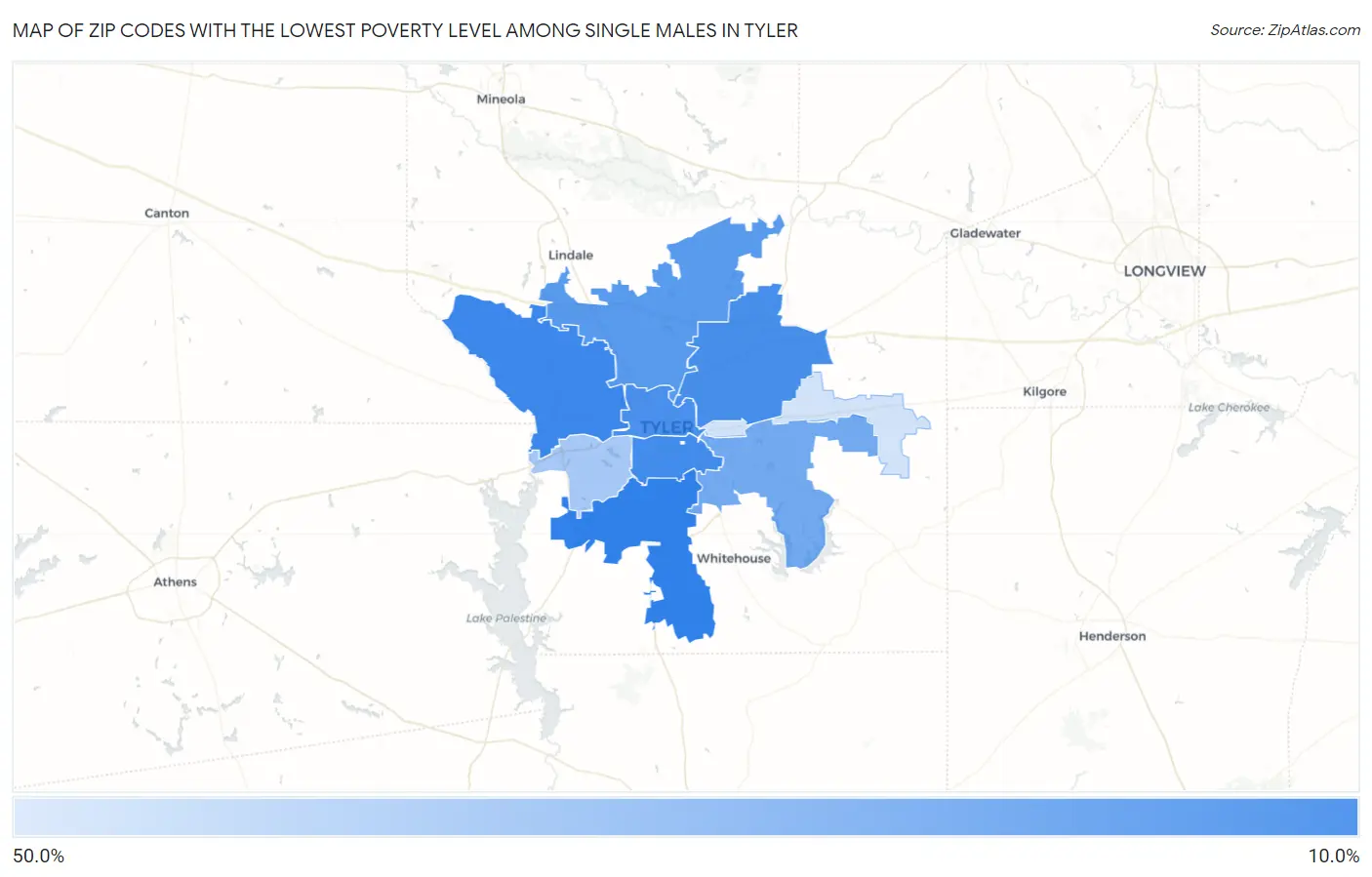 Zip Codes with the Lowest Poverty Level Among Single Males in Tyler Map
