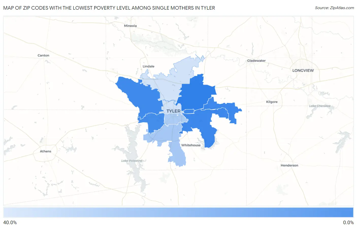 Zip Codes with the Lowest Poverty Level Among Single Mothers in Tyler Map