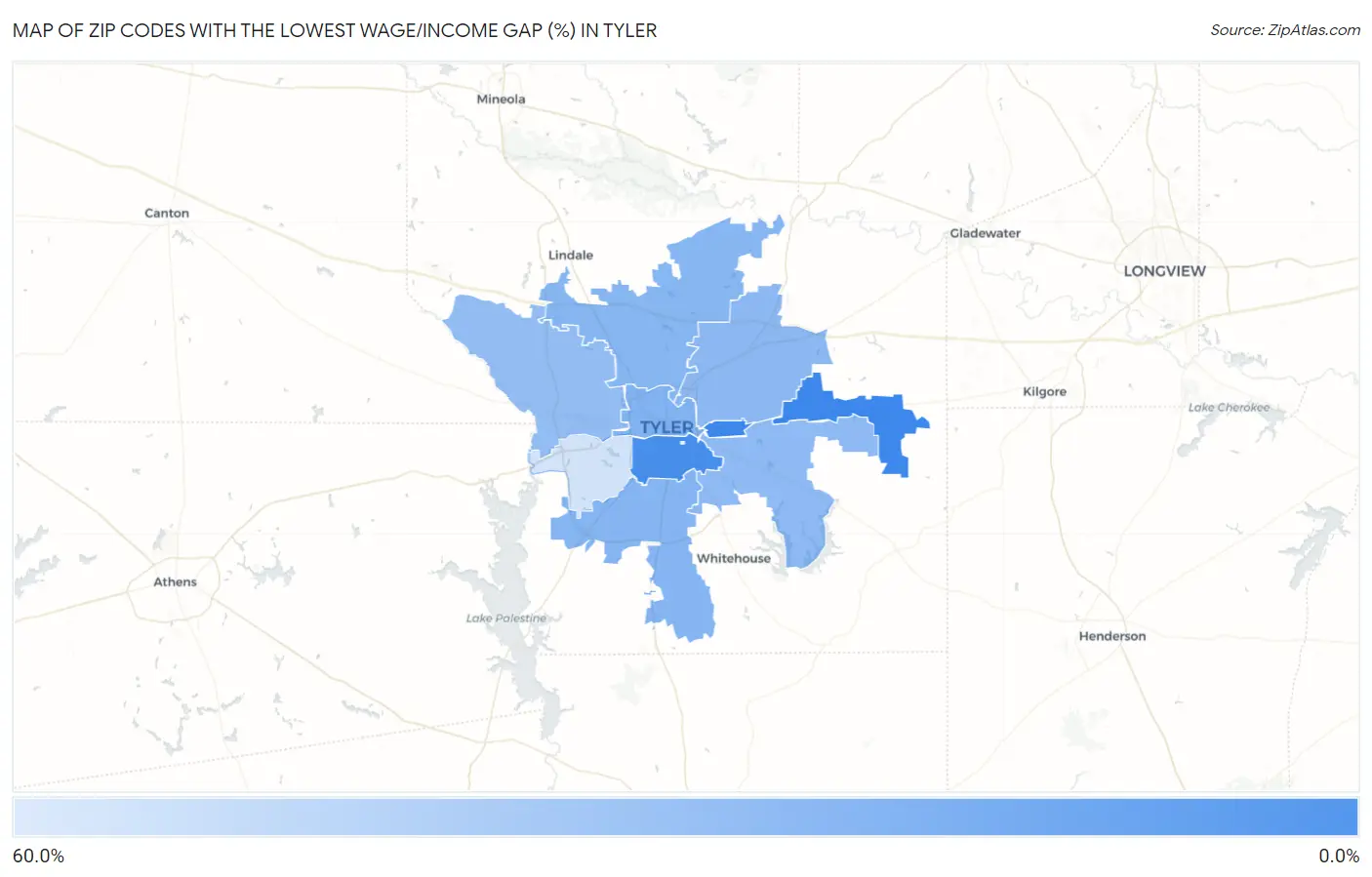 Zip Codes with the Lowest Wage/Income Gap (%) in Tyler Map