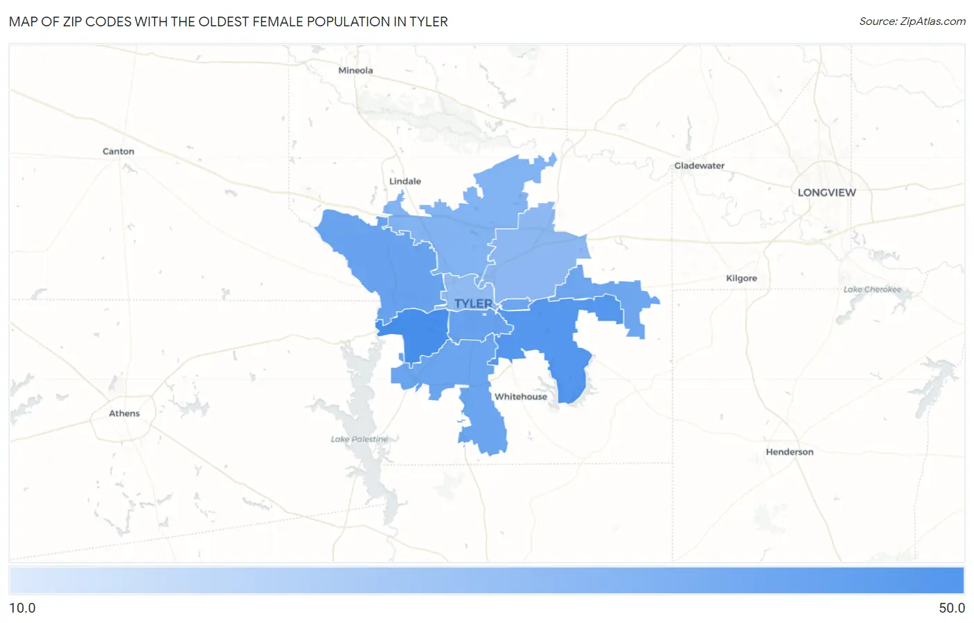 Zip Codes with the Oldest Female Population in Tyler Map