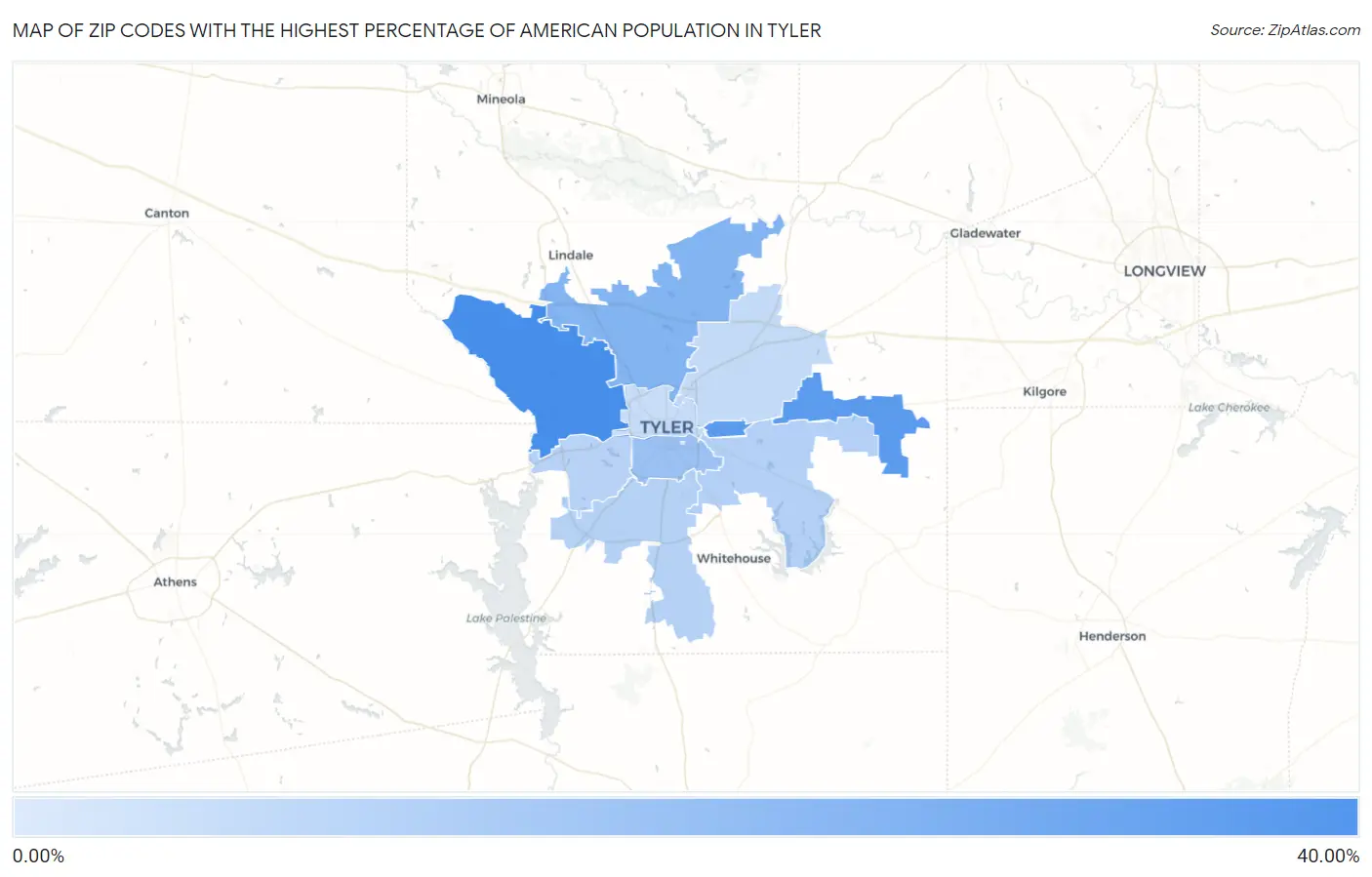 Zip Codes with the Highest Percentage of American Population in Tyler Map