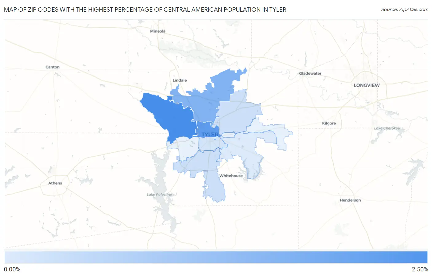 Zip Codes with the Highest Percentage of Central American Population in Tyler Map
