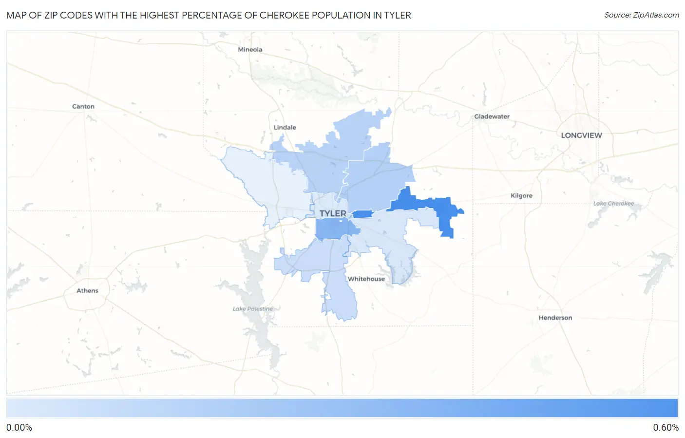 Zip Codes with the Highest Percentage of Cherokee Population in Tyler Map