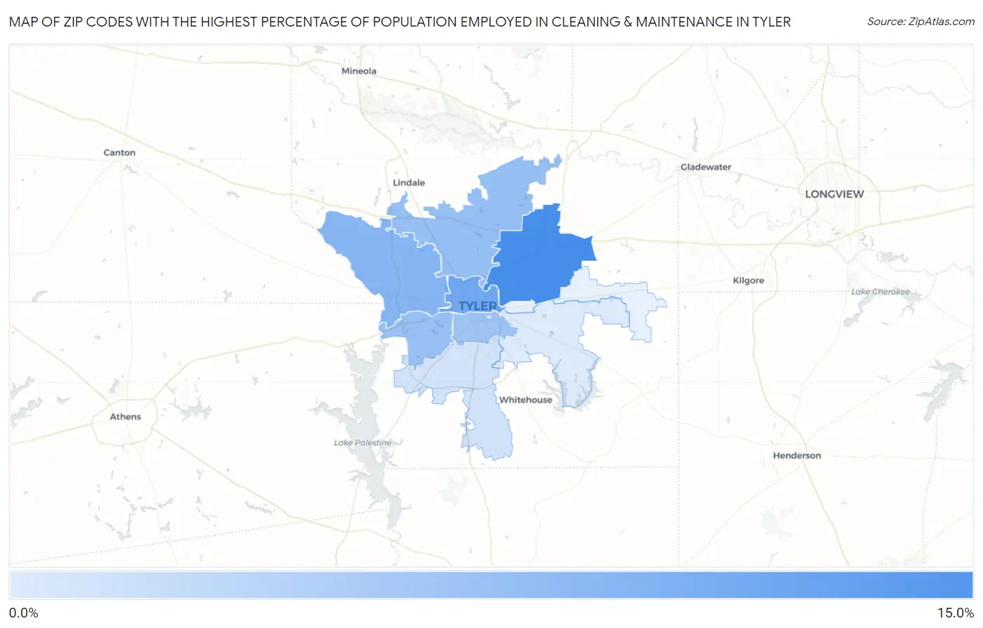 Zip Codes with the Highest Percentage of Population Employed in Cleaning & Maintenance in Tyler Map