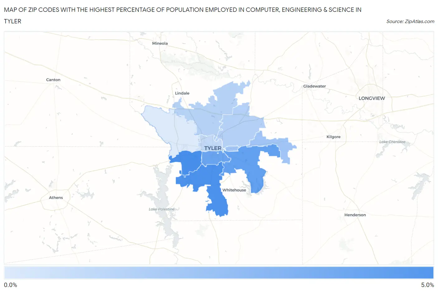 Zip Codes with the Highest Percentage of Population Employed in Computer, Engineering & Science in Tyler Map