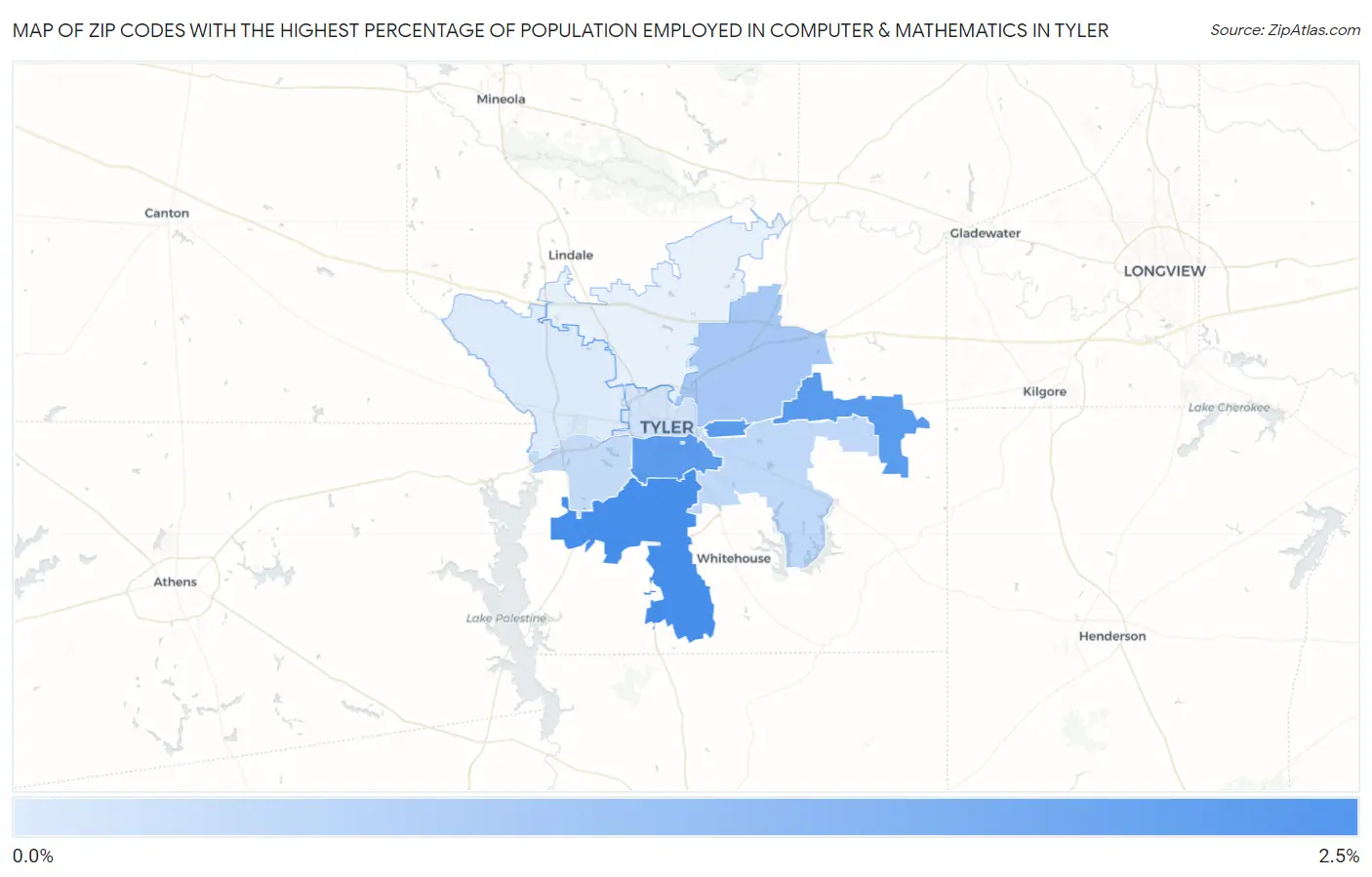 Zip Codes with the Highest Percentage of Population Employed in Computer & Mathematics in Tyler Map