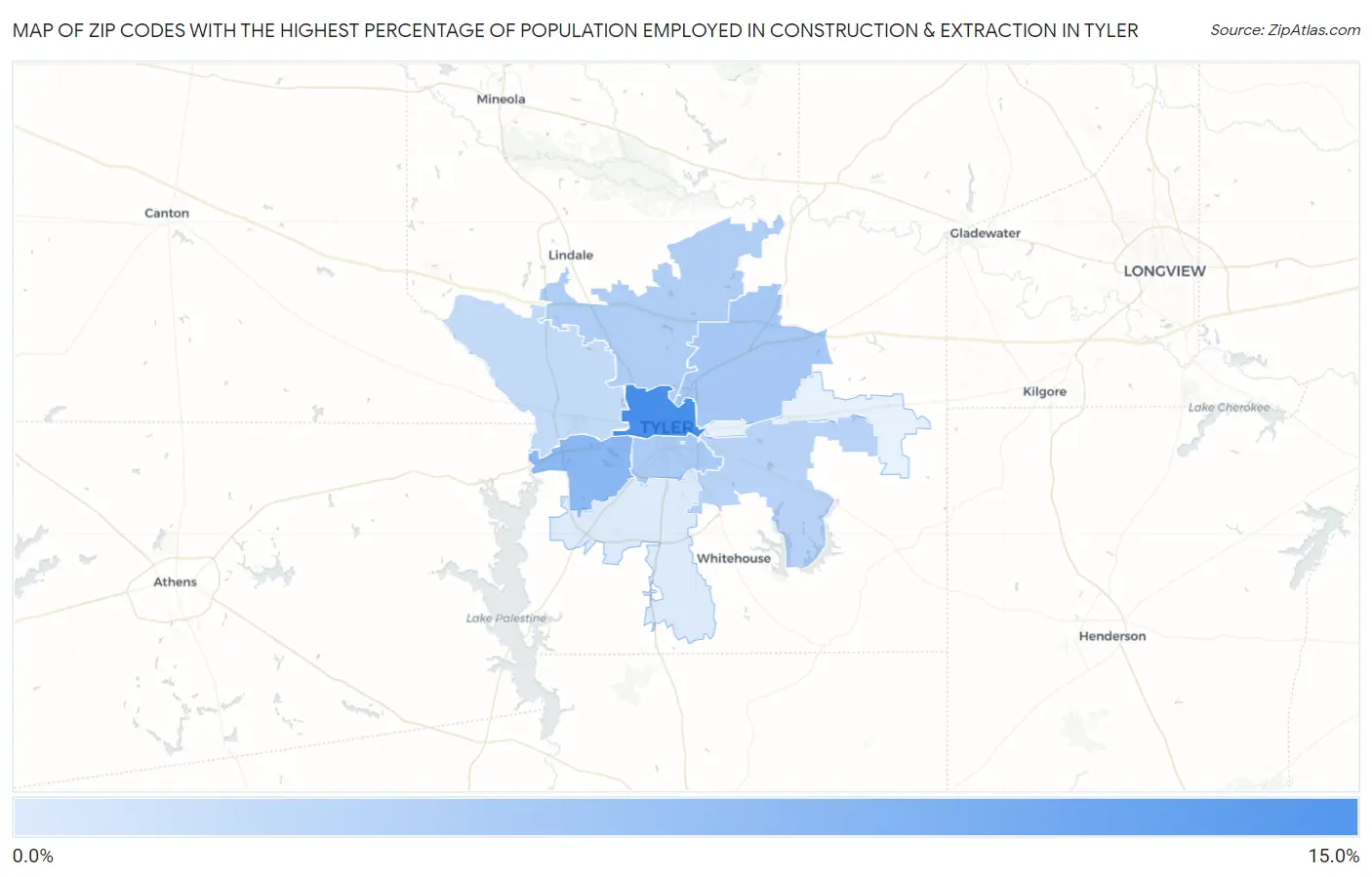 Zip Codes with the Highest Percentage of Population Employed in Construction & Extraction in Tyler Map